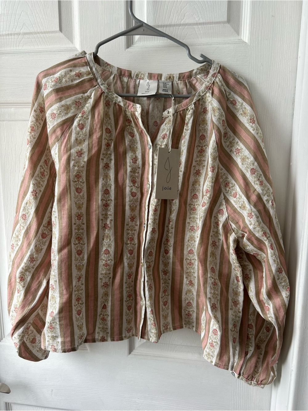 NWT Joie Linen Pink & Cream Striped Floral Button-Front Balloon Blouse XL